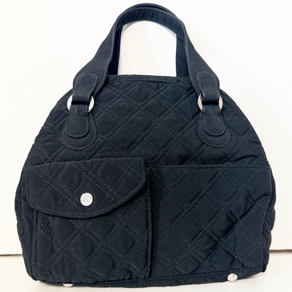 Vera Bradley Black Quilted Satchel Handbag with Zippered Closure, Metal Feet